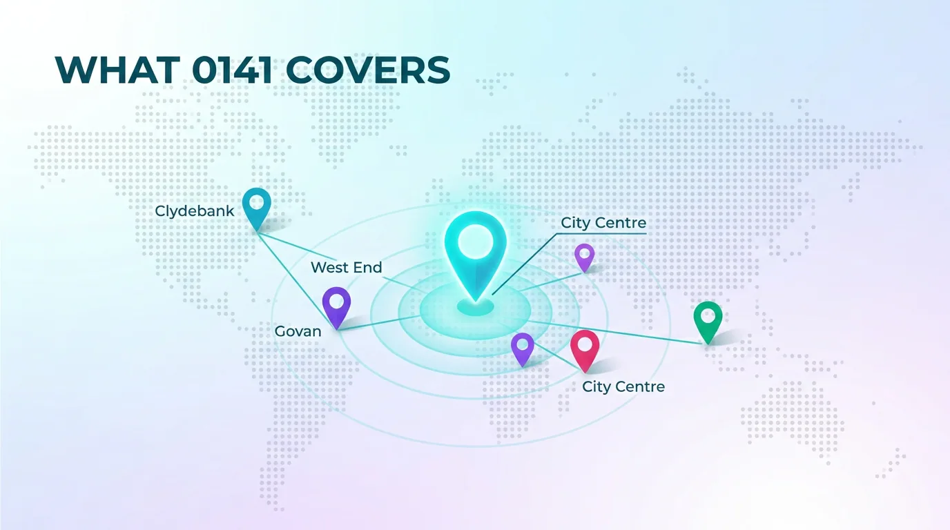 Infographic mapping the areas the 0141 code covers, including Clydebank, West End, Govan, and Glasgow City Centre