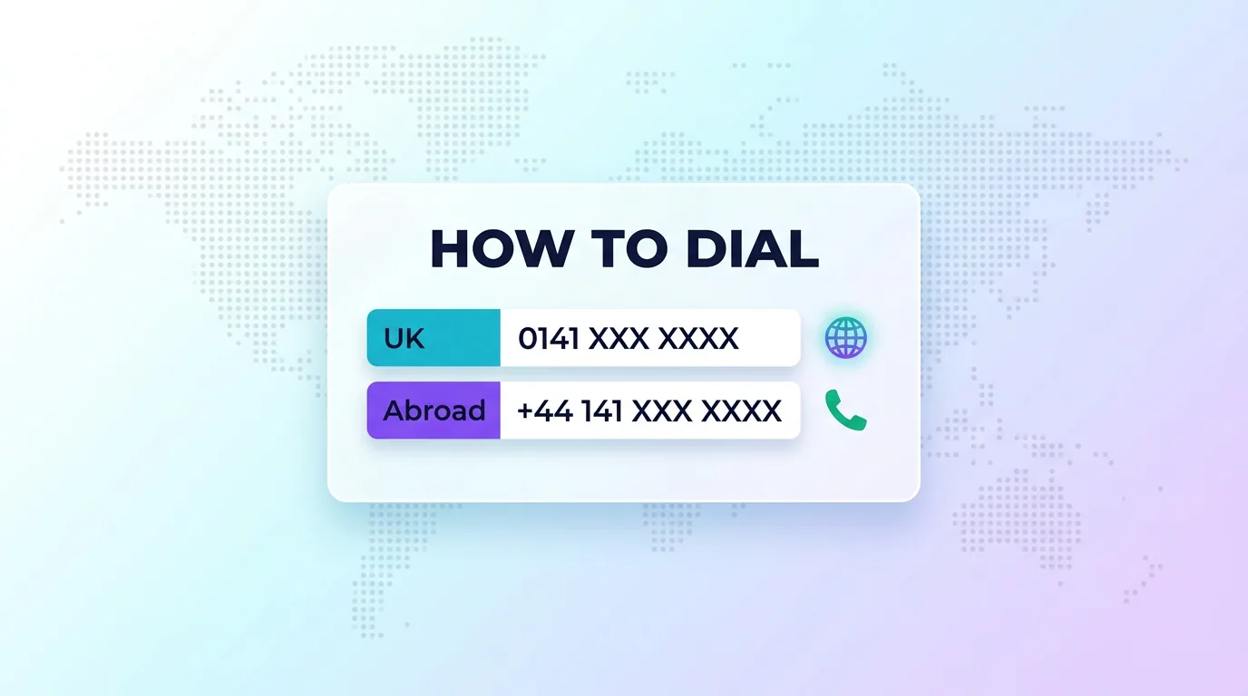 Infographic showing how to dial a 0141 number from the UK (0141 XXX XXXX) and abroad (+44 141 XXX XXXX)