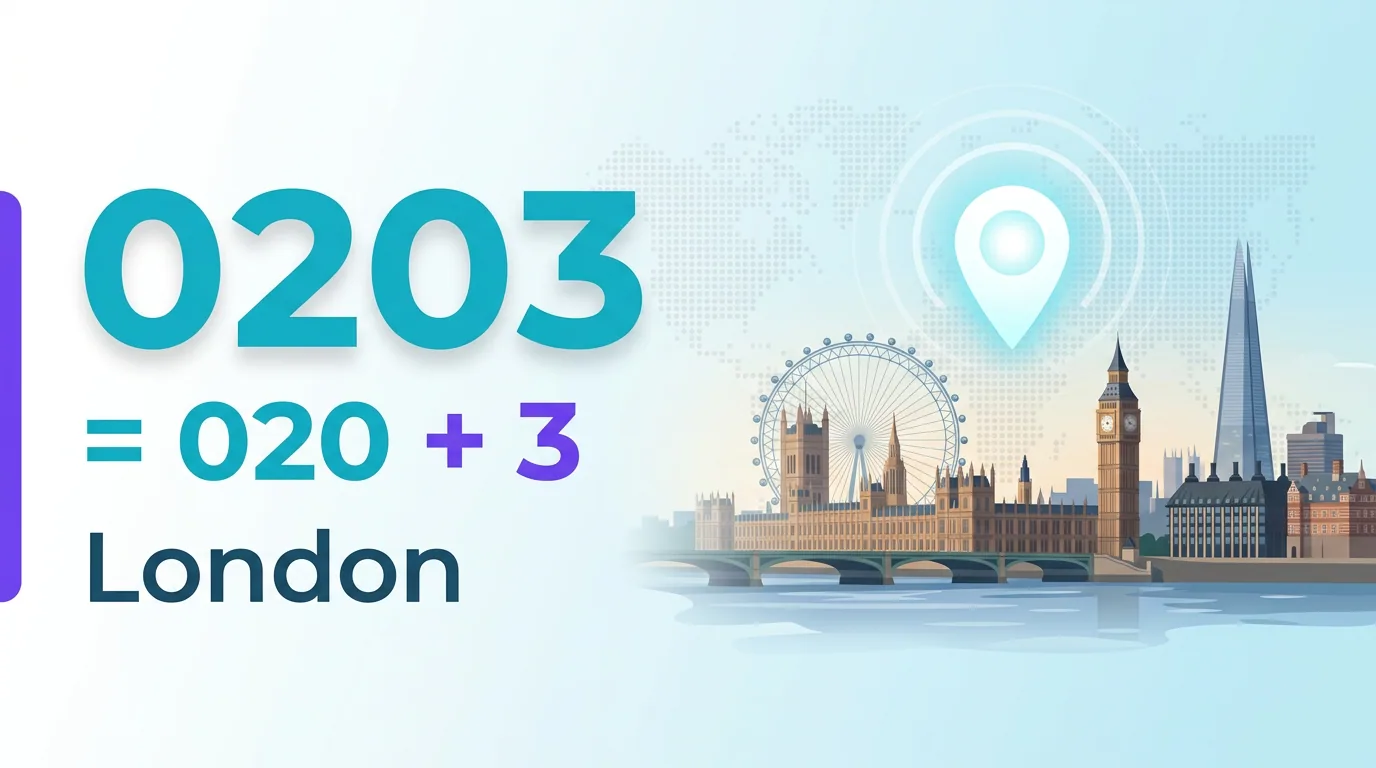 0203 equals 020 plus 3, a London area code, with the London skyline