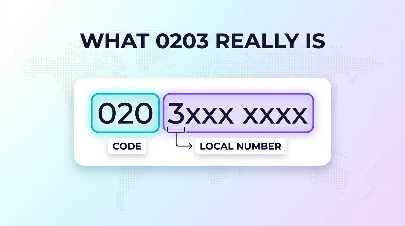 Diagram showing 020 as the London code and 3xxx xxxx as the local number