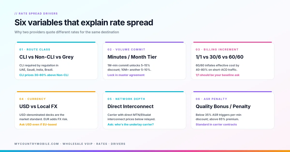 Six variables that explain rate spread between providers — route class, volume, billing, currency, depth, ASR penalty