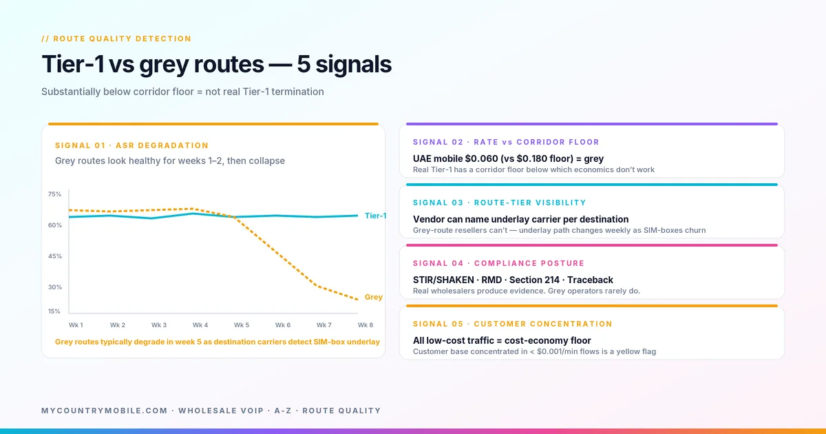 Tier-1 vs grey routes — ASR degrades on grey routes by week 5