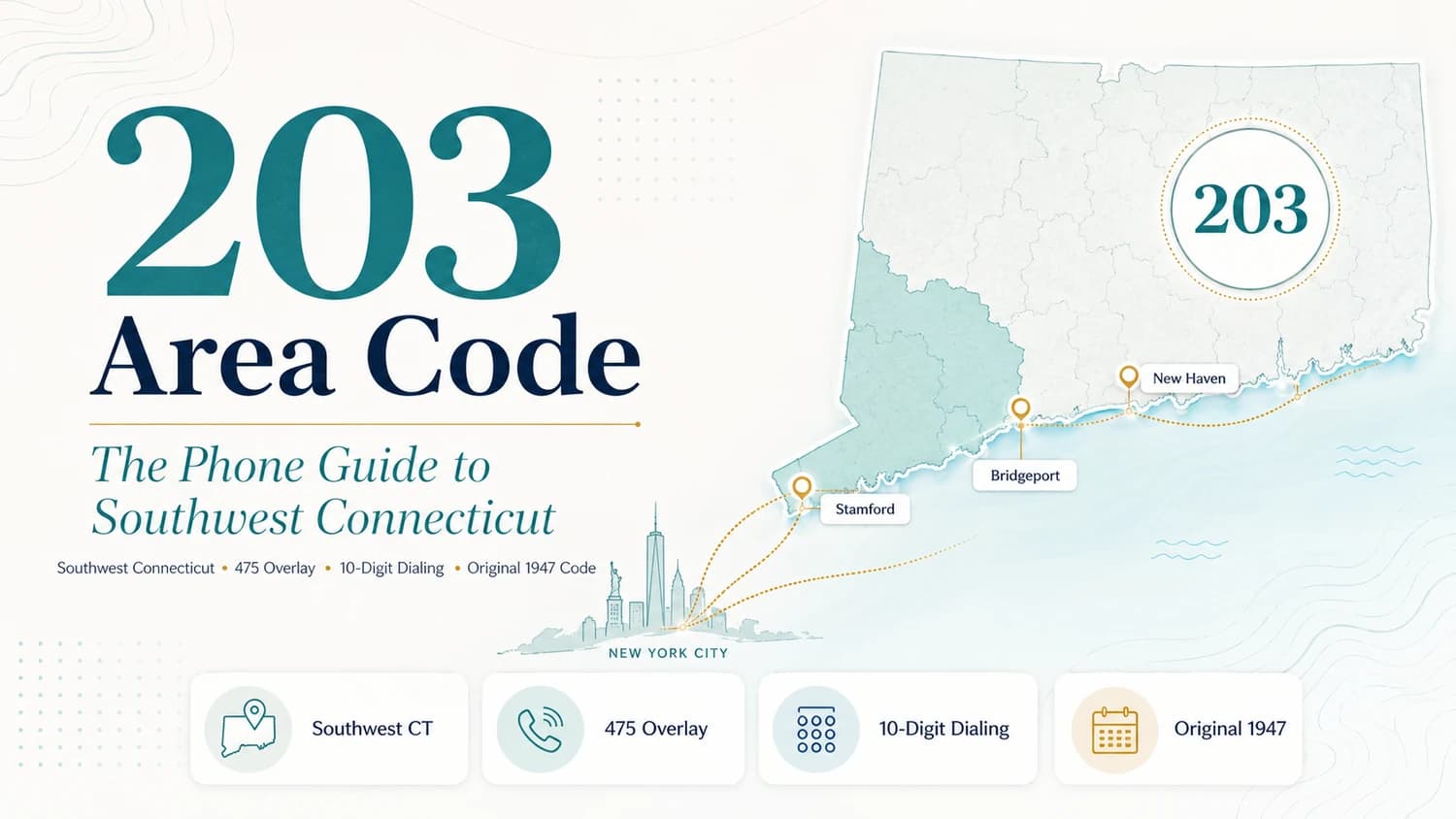 203 Area Code — The Phone Guide to Southwest Connecticut. Southwest Connecticut, 475 Overlay, 10-Digit Dialing, Original 1947 Code. Connecticut shoreline map with pin markers for Stamford, Bridgeport, and New Haven along the Long Island Sound coast, with a New York City skyline silhouette at the bottom.