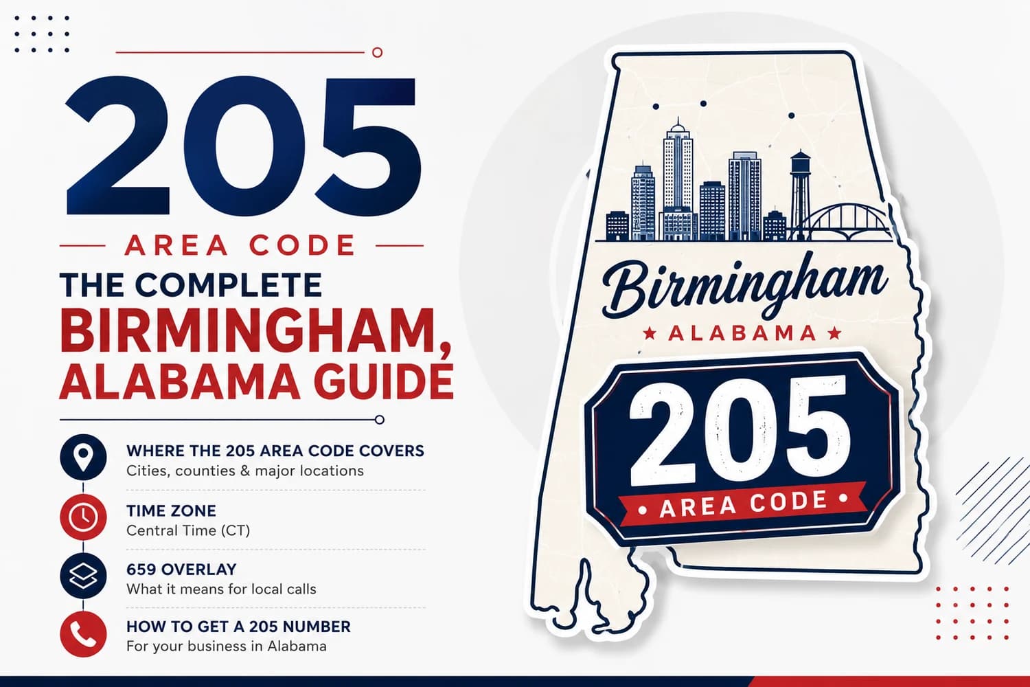The 205 Area Code — The Complete Birmingham, Alabama Guide. Vintage Alabama state outline with Birmingham skyline illustration and a navy + crimson '205 AREA CODE' ticket badge. Where the 205 Area Code Covers · Time Zone Central Time CT · 659 Overlay · How to Get a 205 Number for your business in Alabama.