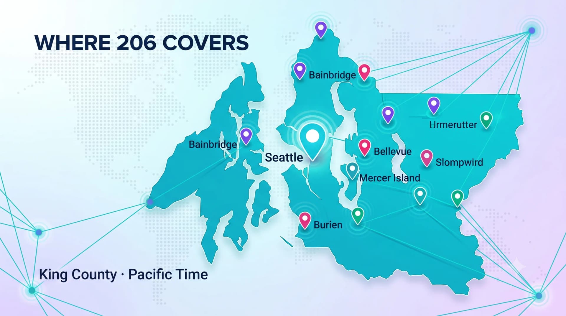 Map of where the 206 area code covers, highlighting Seattle, Bainbridge, Bellevue, Mercer Island, and Burien in King County, Pacific Time
