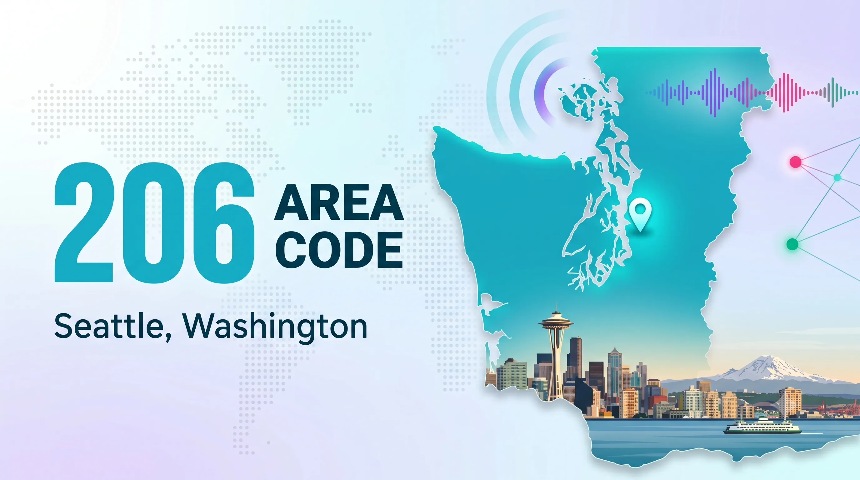206 Area Code infographic showing Seattle, Washington with a map of the region and the Space Needle skyline