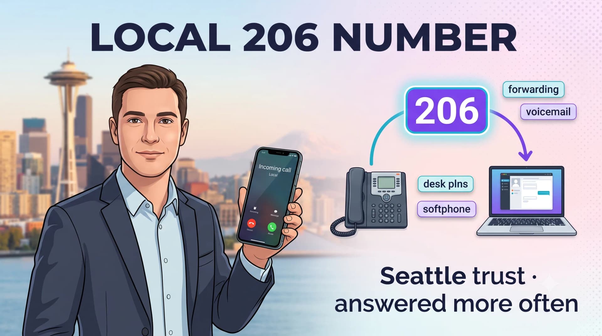 Local 206 number infographic showing a Seattle business owner with calls forwarding to desk phone, softphone, and laptop — Seattle trust, answered more often