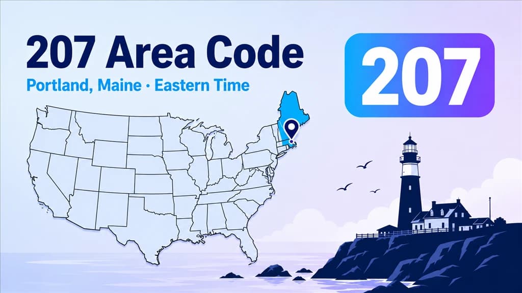 207 area code infographic showing a stylised map of Maine highlighting Portland, Lewiston, Bangor and Augusta with a lighthouse on the coast