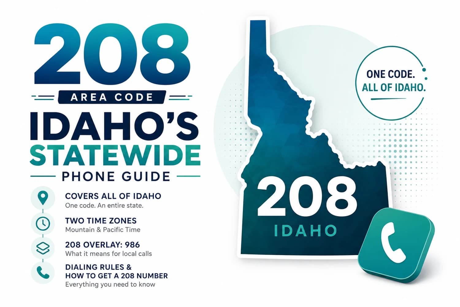 The 208 Area Code — Idaho's Statewide Phone Guide. Covers all of Idaho. Two time zones (Mountain + Pacific). 208 overlay 986. Dialing rules + how to get a 208 number. Map of Idaho with 208 label and 'One Code. All of Idaho.' badge.