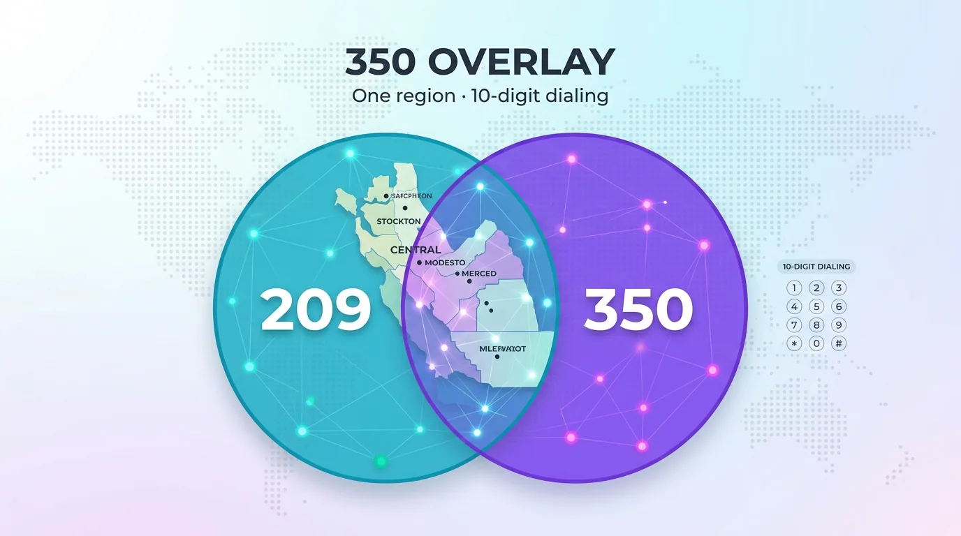 Diagram of the 350 overlay sharing one region with the 209 area code, requiring 10-digit dialing