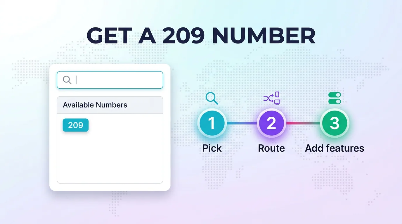 Three steps to get a 209 number: pick a number, route calls, and add features