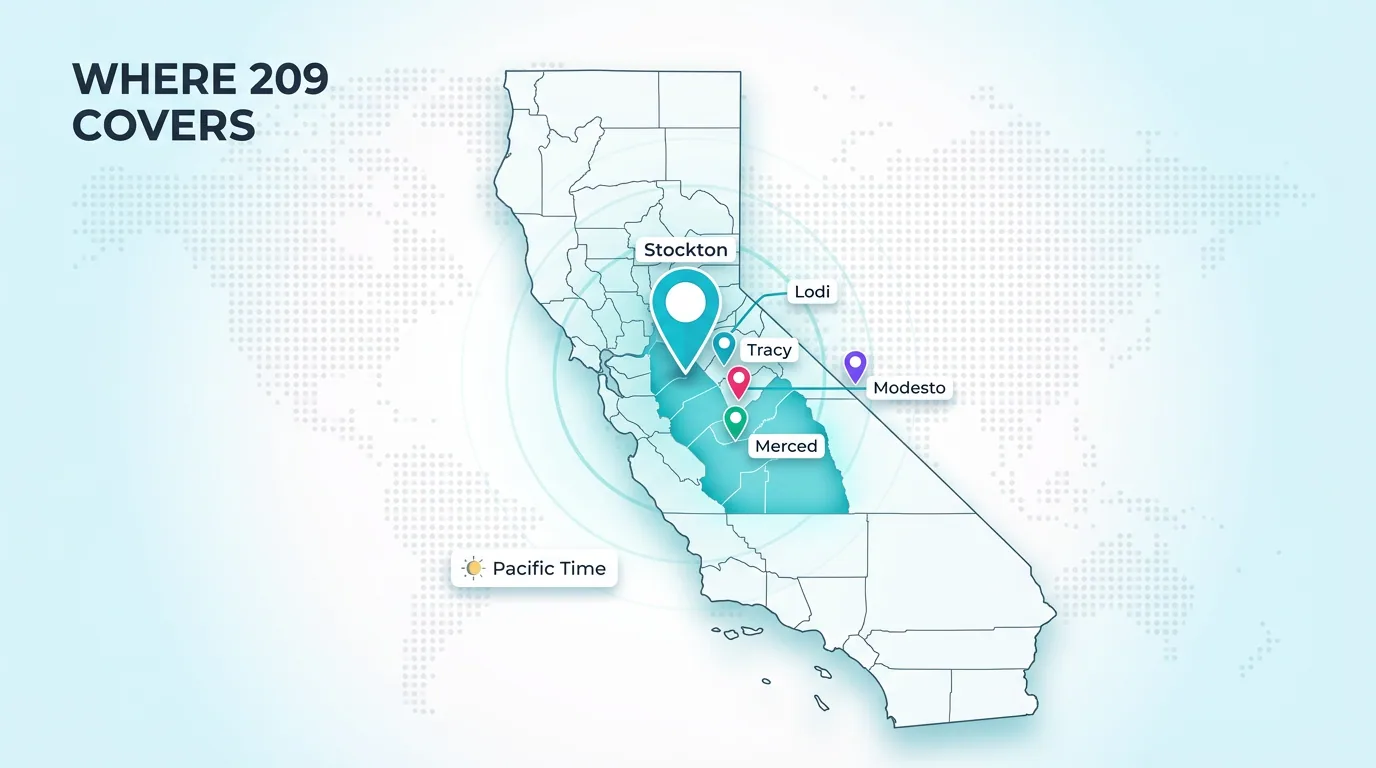 Map showing where the 209 area code covers in north-central California, in the Pacific Time Zone