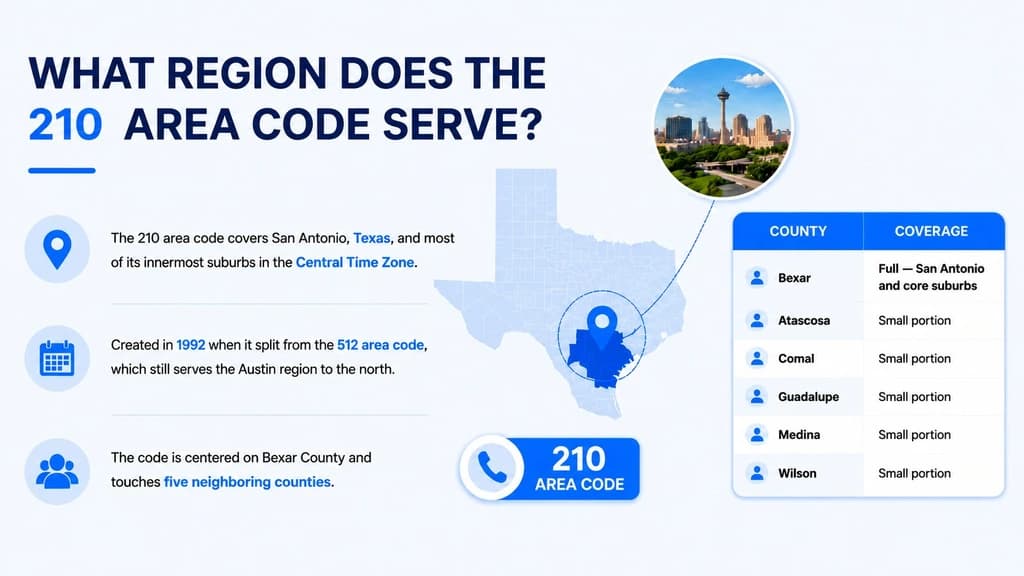 What region the 210 area code serves across San Antonio and Bexar County