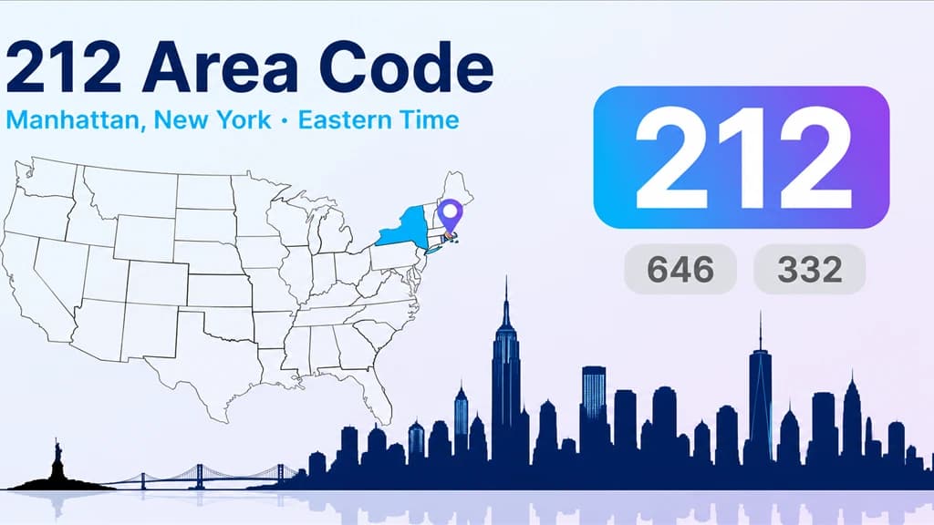212 area code infographic showing Manhattan island on a stylised NYC map with the skyline, a 212 badge, and the 646 and 332 overlay codes