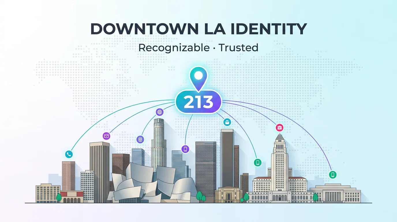 Downtown LA skyline showing the 213 area code as a recognizable, trusted local identity