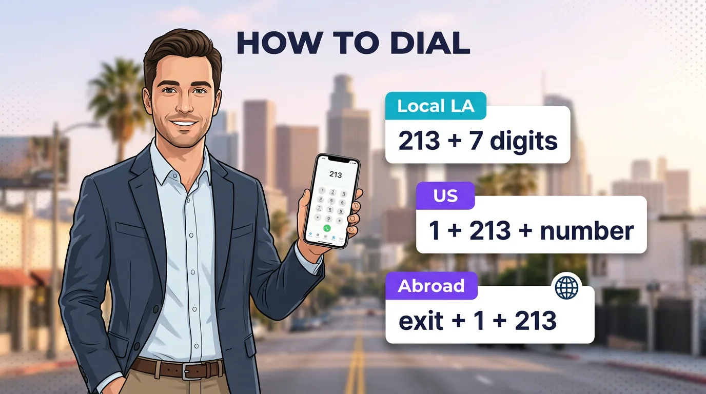 How to dial a 213 number: local LA 10 digits, US 1 + 213, and international exit code plus 1 + 213