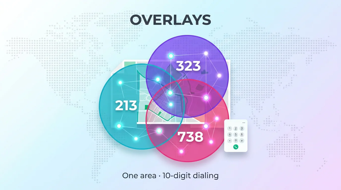 Overlay diagram of the 213, 323, and 738 area codes sharing one region with 10-digit dialing