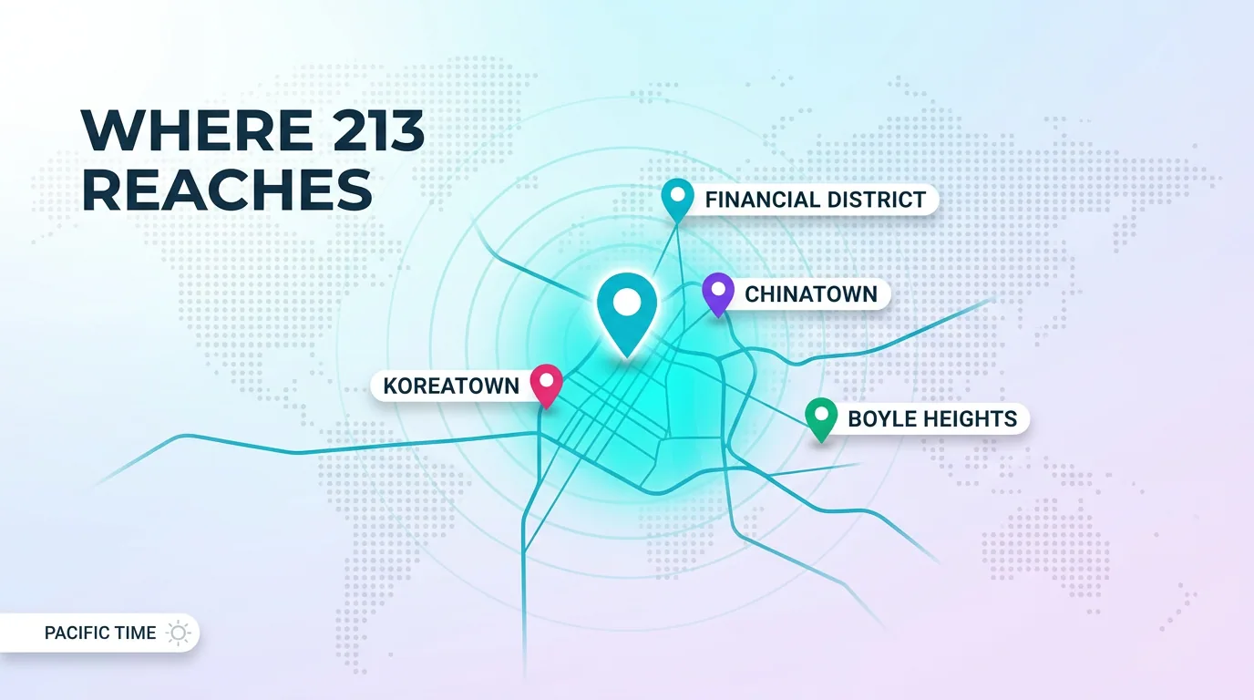 Map showing where the 213 area code reaches across downtown LA neighborhoods including Financial District, Chinatown, Koreatown, and Boyle Heights