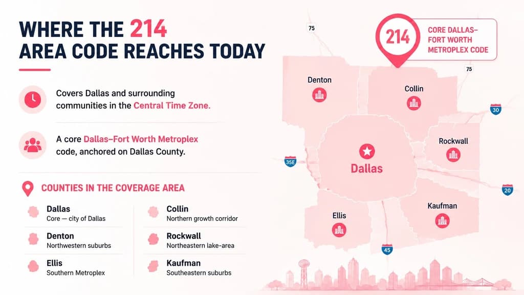 Where the 214 area code reaches today across the Dallas–Fort Worth Metroplex