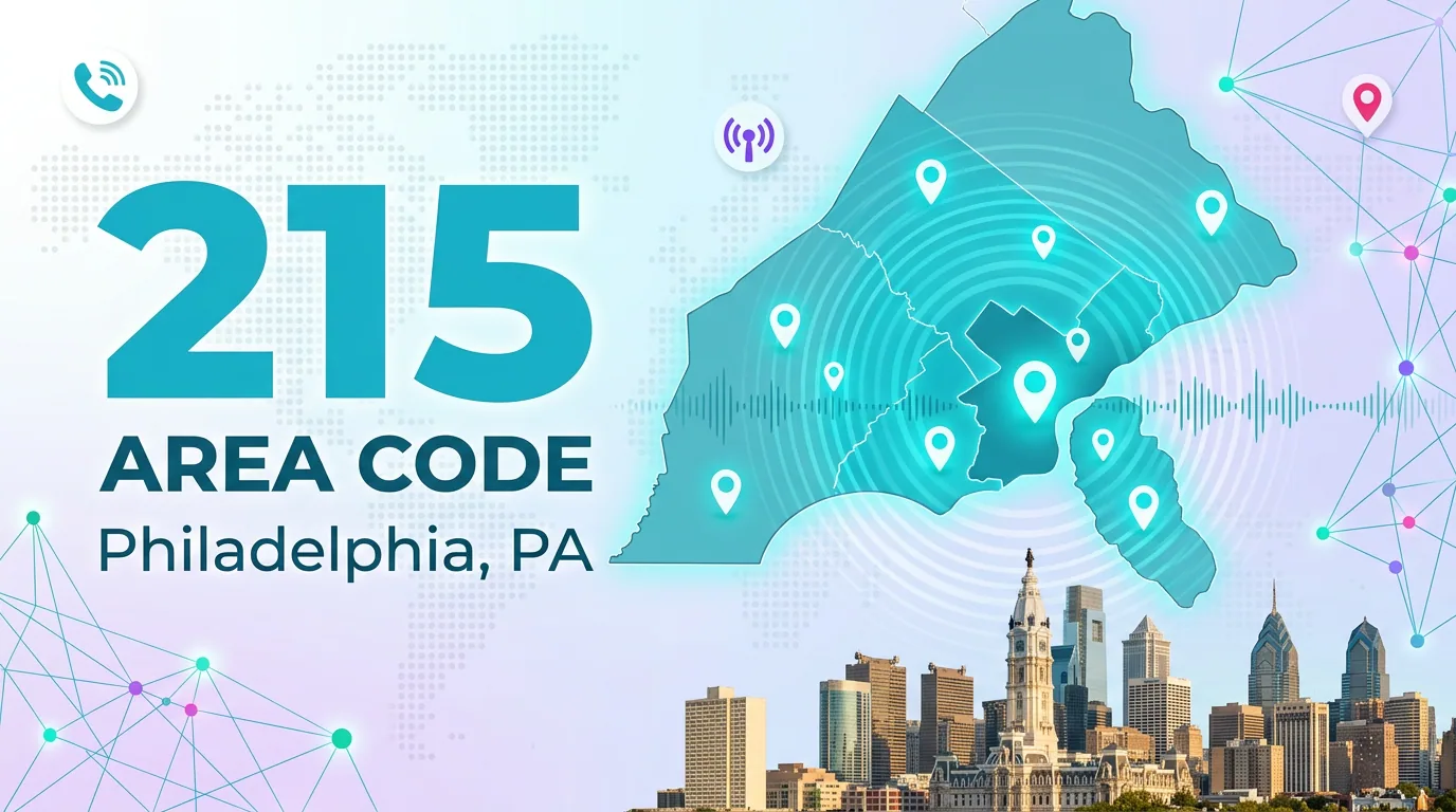 215 area code infographic for Philadelphia, PA showing a coverage map and the city skyline