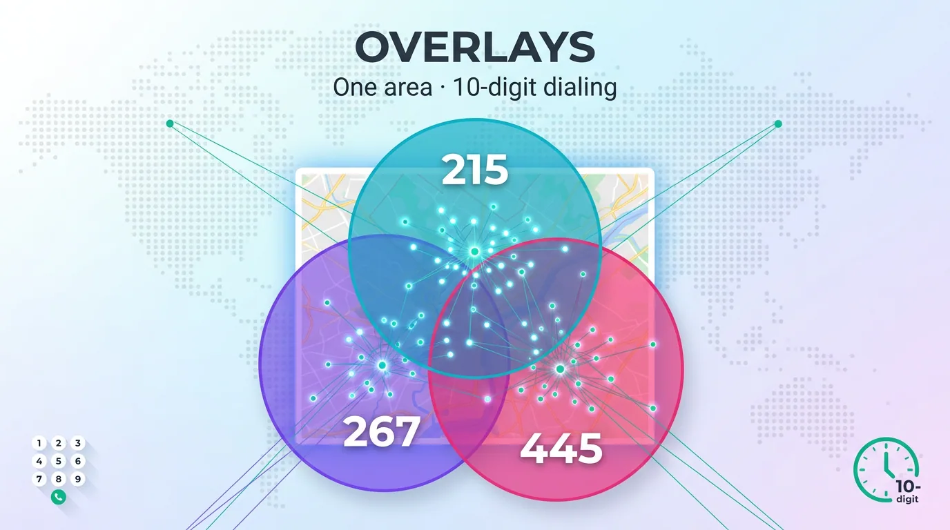 Venn diagram of the 215, 267, and 445 overlay area codes serving one area with 10-digit dialing