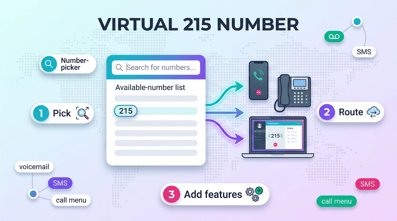 How a virtual 215 number works in three steps: pick a number, route calls, and add features