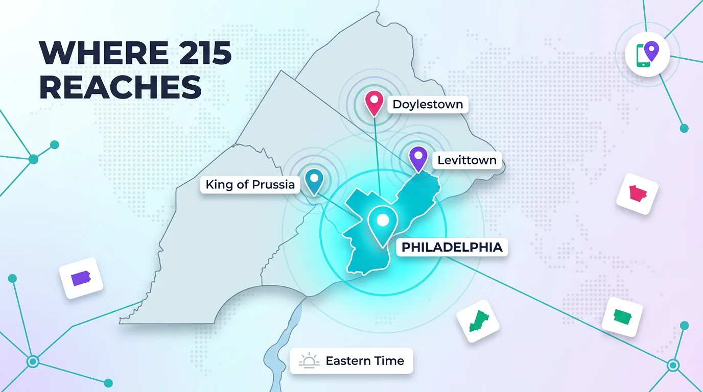 Map of where the 215 area code reaches, including Philadelphia, King of Prussia, Levittown, and Doylestown in Eastern Time