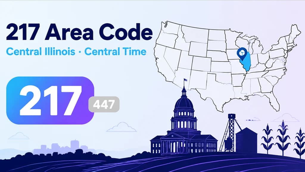 217 area code infographic showing central Illinois on a stylised map with Springfield, Champaign and Decatur, the state capitol dome, and the new 447 overlay