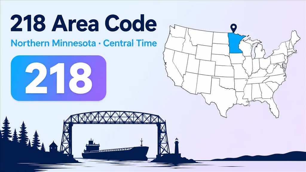 218 area code infographic showing Duluth's Aerial Lift Bridge and an ore boat on Lake Superior with a stylised map of northern Minnesota and a 218 badge
