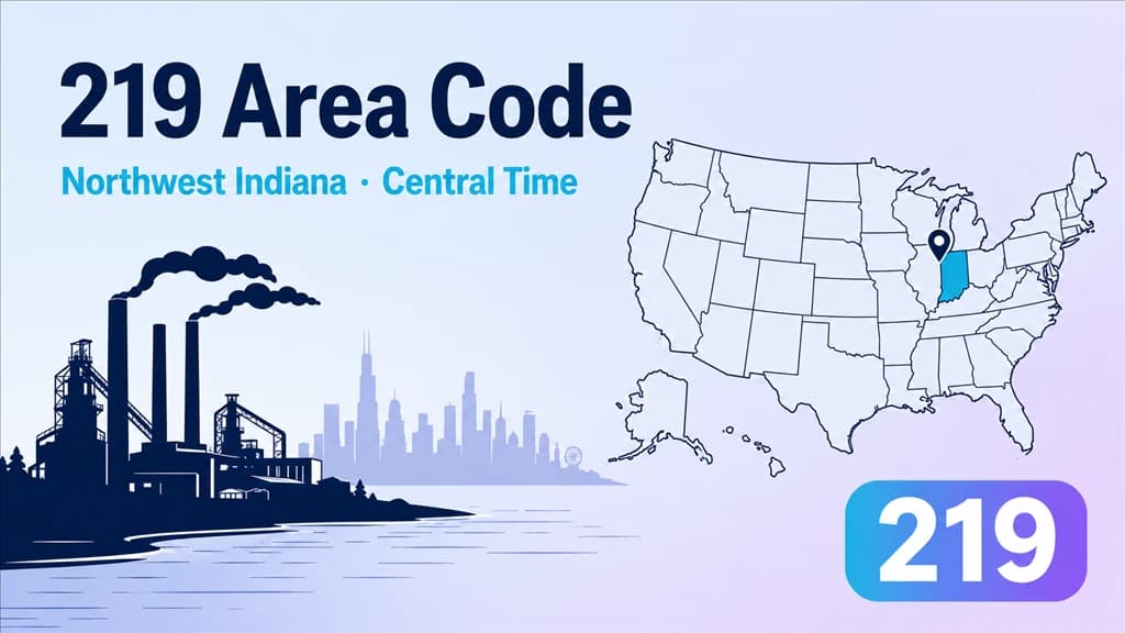 219 area code infographic showing a steel mill on Lake Michigan with the Chicago skyline across the water, a stylised Northwest Indiana map, and a 219 badge