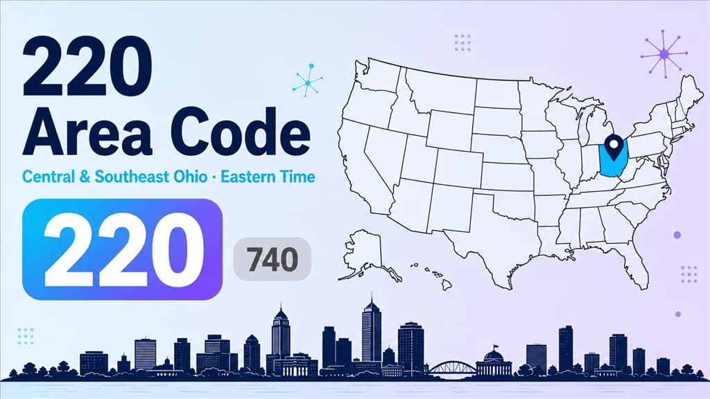 220 area code infographic showing a stylised central Ohio map ringing Columbus, with 220 and 740 badges marking the overlay and an Eastern Time label