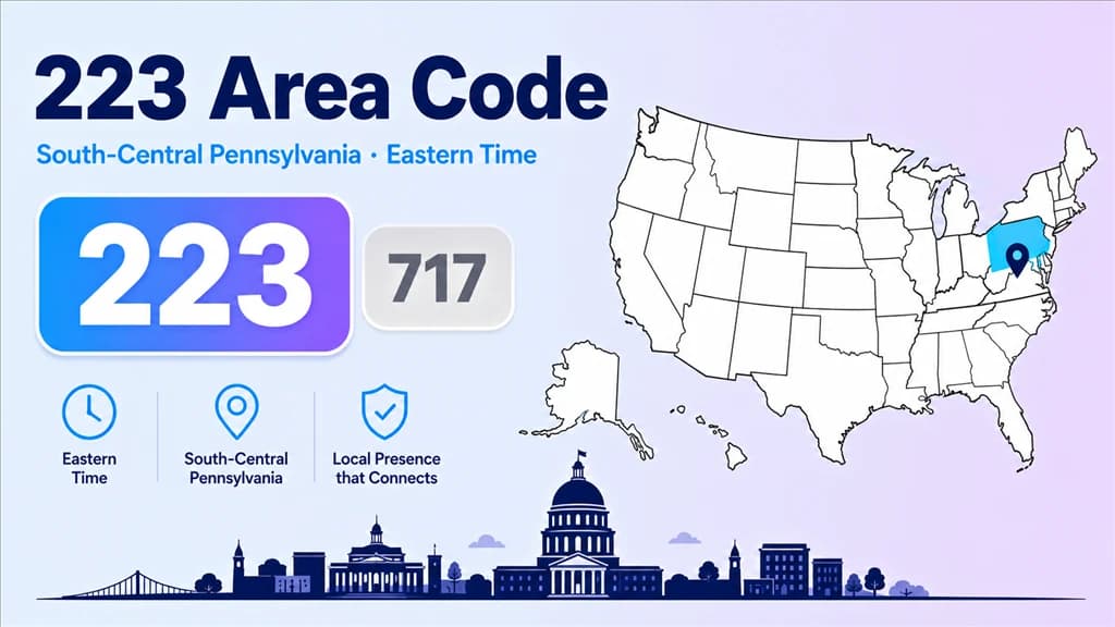 223 area code infographic showing a stylised south-central Pennsylvania map around Harrisburg and Lancaster, with 223 and 717 badges and an Eastern Time label