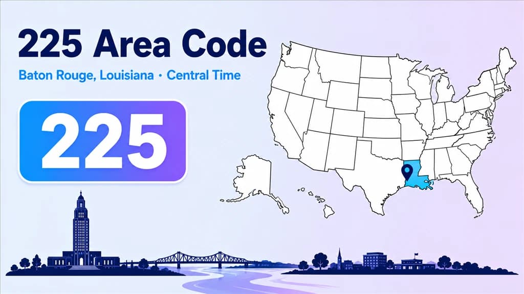 225 area code infographic showing a stylised Louisiana map around Baton Rouge and the Mississippi River parishes, with a 225 badge and a Central Time label