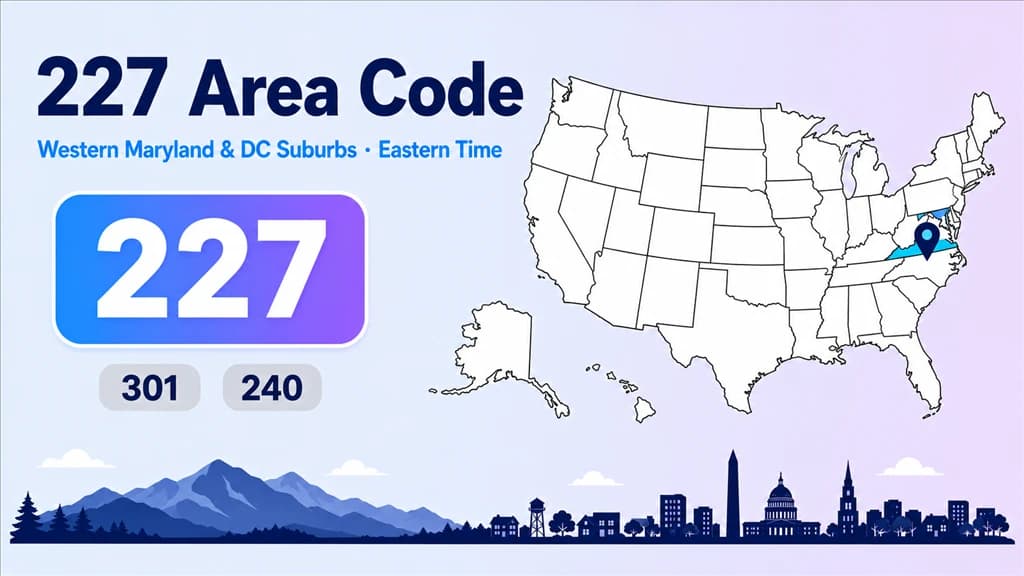 227 area code infographic showing a stylised western Maryland and DC-suburbs map with 301, 240 and 227 badges marking three overlay codes and an Eastern Time label
