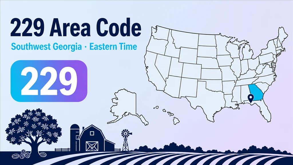 229 area code infographic showing a stylised southwest Georgia map around Albany and Valdosta with farm-country fields and a 229 badge on an Eastern Time label