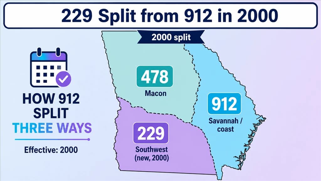 how 229 split from the 912 area code