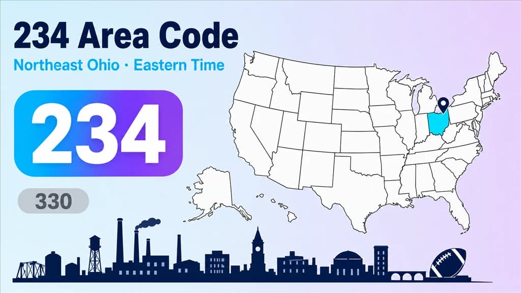 Infographic with a US map highlighting Ohio, a pin on northeast Ohio, the Akron skyline, and 234 and 330 area-code badges