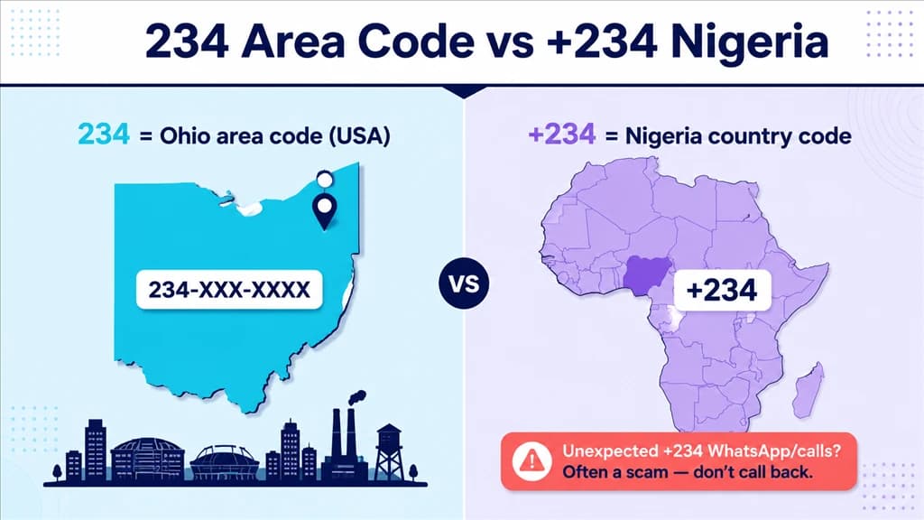 Side-by-side panels comparing the Ohio 234 area code with the +234 Nigeria country code