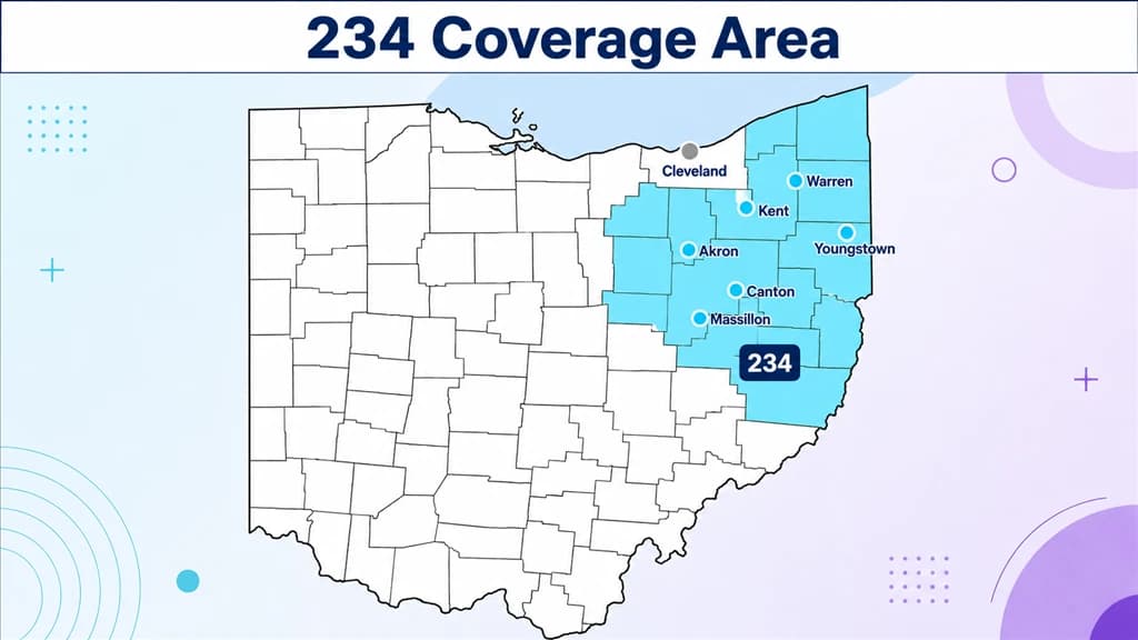Map of Ohio shading the northeast 234 and 330 region with Akron, Canton and Youngstown marked