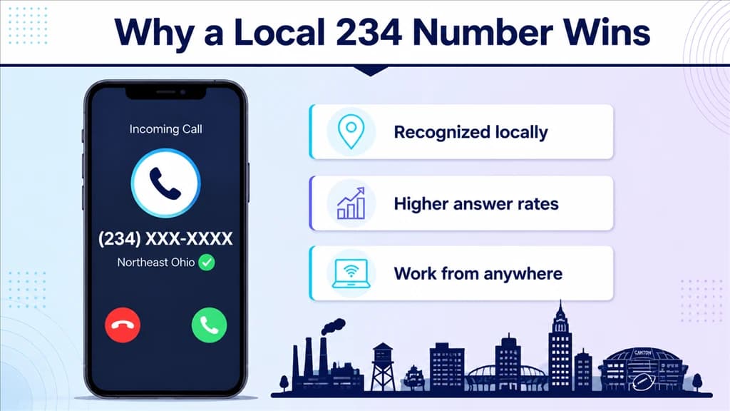 Smartphone showing a verified local 234 call beside local-trust benefit labels