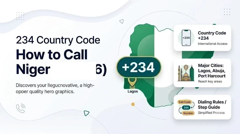 234 Country Code — How to Call Nigeria (2026). Nigerian map with green flag colors and Lagos pin. Big +234 badge. Feature cards: Country Code +234 International Access, Major Cities Lagos Abuja Port Harcourt, Dialing Rules / Step Guide.