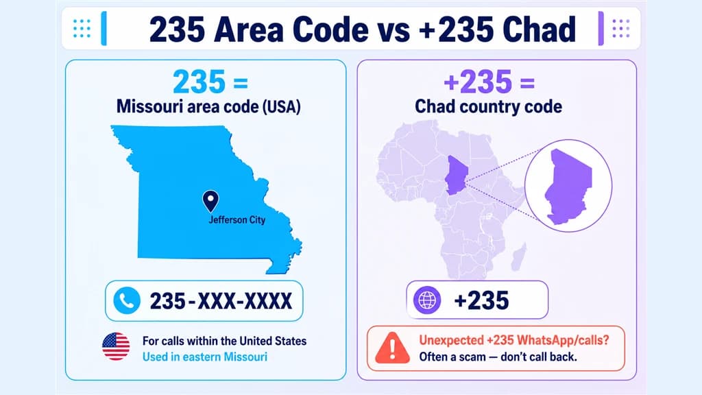 Side-by-side panels comparing the Missouri 235 area code with the +235 Chad country code