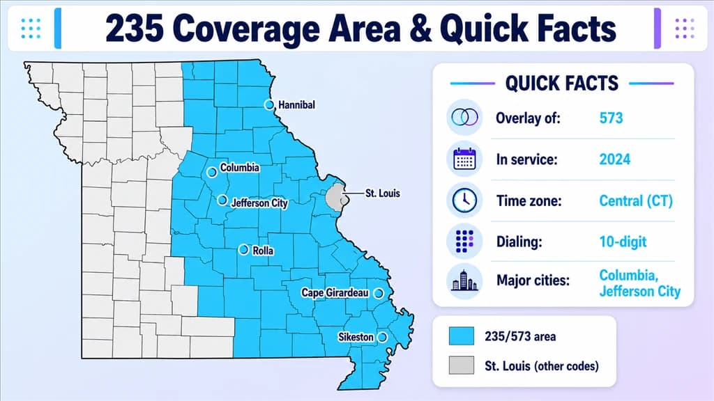 Map of eastern Missouri shading the 235 and 573 region beside a quick-facts panel