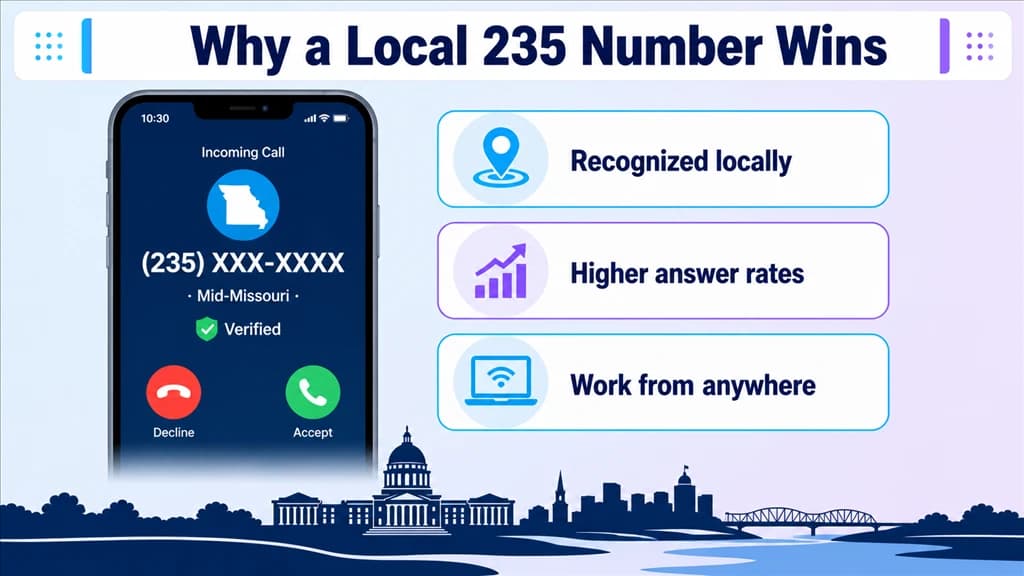 Smartphone showing a verified local 235 call beside local-trust benefit labels