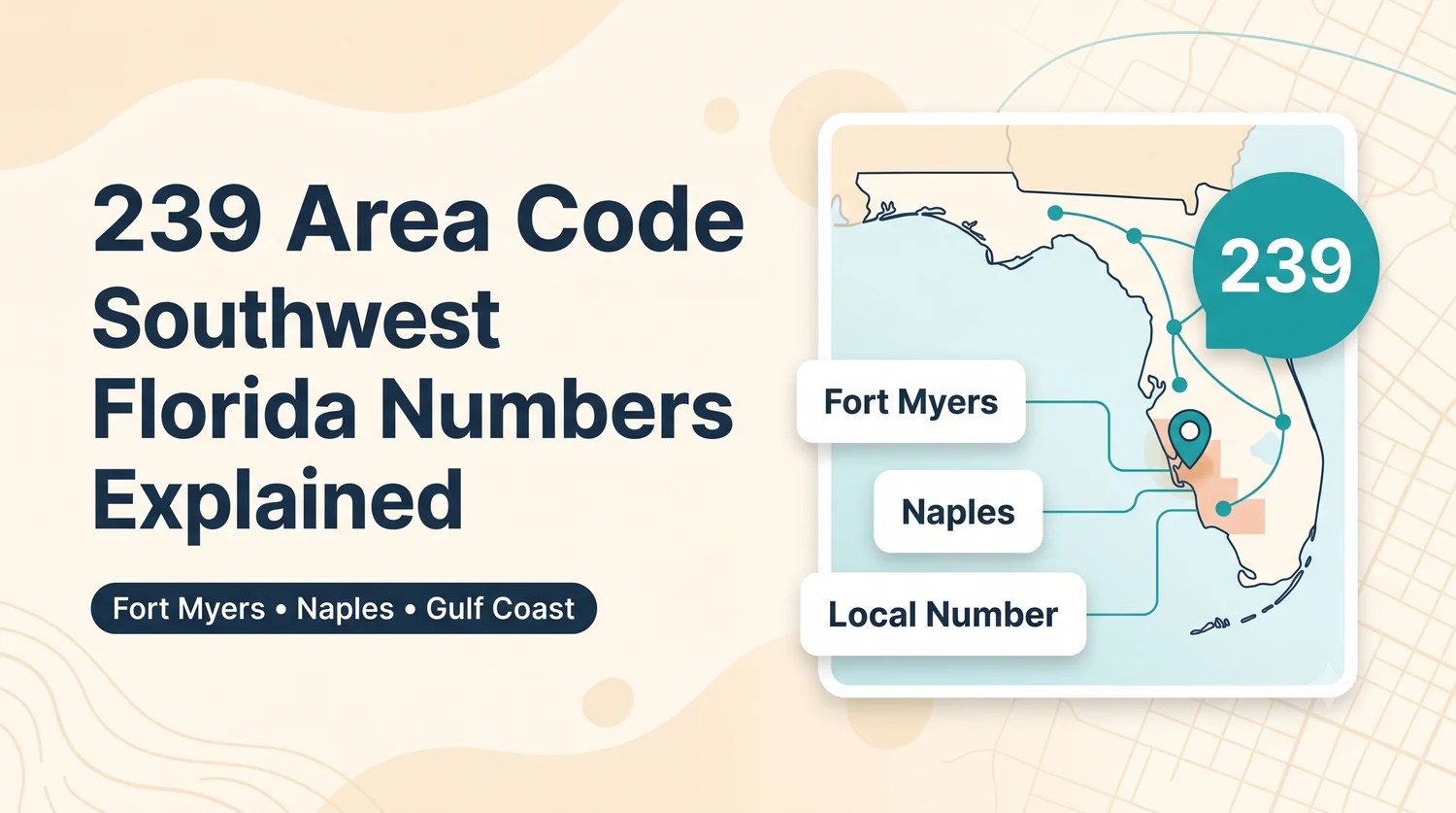 The 239 Area Code — Southwest Florida Numbers Explained. Fort Myers · Naples · Gulf Coast. Map of Florida showing Lee + Collier counties highlighted, with location pin and connecting lines to city callouts for Fort Myers, Naples, and Local Number. Cream background with teal accents.