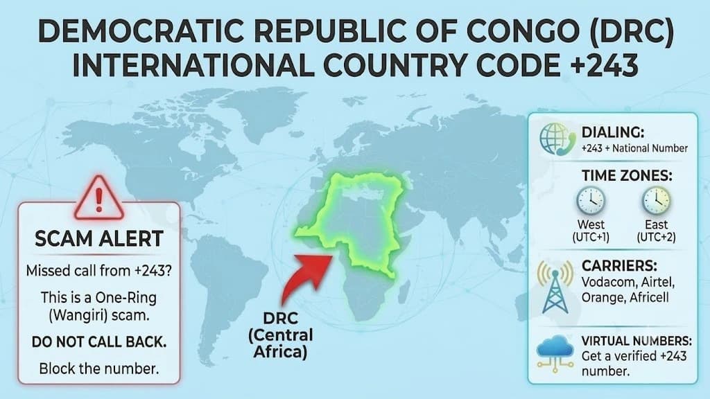 Incoming call from +243 Kinshasa, Democratic Republic of the Congo — flagged as SPAM SUSPECTED with a Wangiri-scam warning