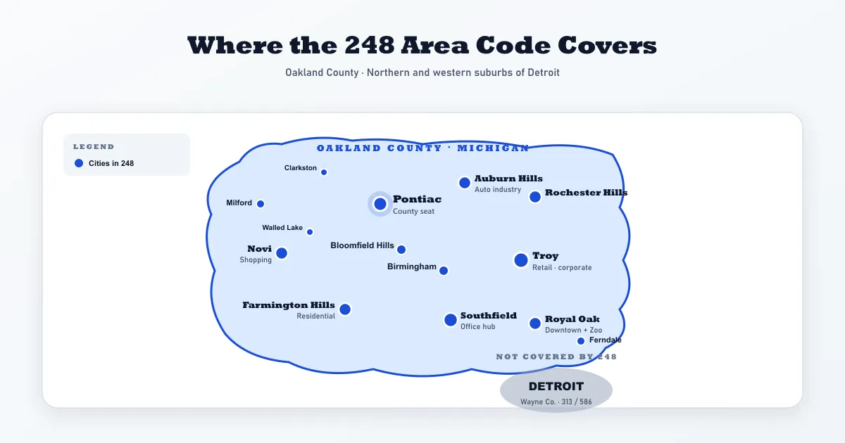 Coverage map of the 248 area code across Oakland County Michigan — Pontiac the county seat marked centrally, plus Troy, Southfield, Farmington Hills, Royal Oak, Novi, Rochester Hills, Auburn Hills, Birmingham, Bloomfield Hills, Ferndale, Walled Lake, Milford, and Clarkston, with the City of Detroit clearly excluded to the southeast