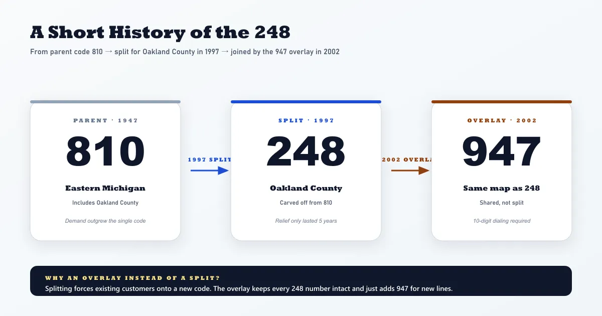 Flow chart showing the history of the 248 area code — 810 is the parent code from 1947 covering eastern Michigan, the 248 split off in 1997 to relieve Oakland County demand, then the 947 overlay was added in 2002 sharing the same geography, with a footer note explaining why an overlay was chosen over another split