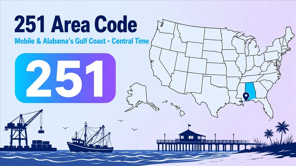 Infographic with a US map highlighting Alabama, a pin on Mobile, a Gulf-coast port and pier, and a 251 area-code badge