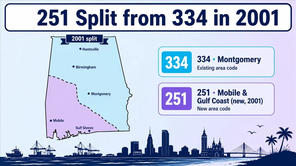 Diagram of Alabama splitting into 334 Montgomery and the new 251 Gulf coast in 2001